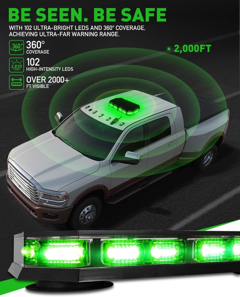 HLauto 406D Rooftop Emergency Strobe Lights Bar, 102 LED Green Mini Beacon Safety Flashing Warning Traffic Lights Bar w/Magnetic Base for 12-24V Trucks, Construction Vehicles, Snowplow, Cars - Image 3